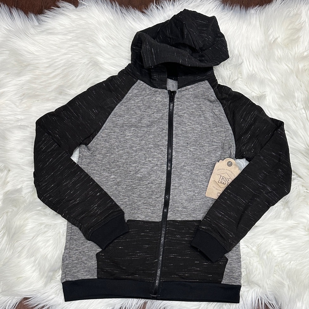True Craft Youth Hoodie Jacket Gray Black Full Zip Size M 10/12 Brand New